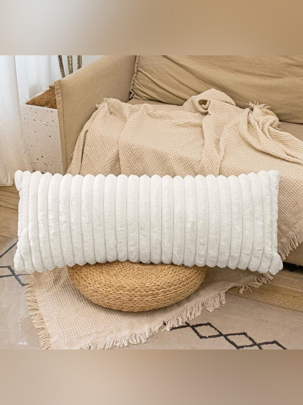 Plush White Ribbed Pillow Case 14x36